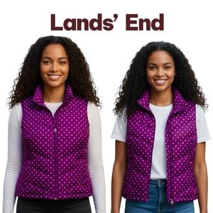 Lands End Vest Womens XL Magenta Polka Dot Feather Down Zip Front Pockets NWOT